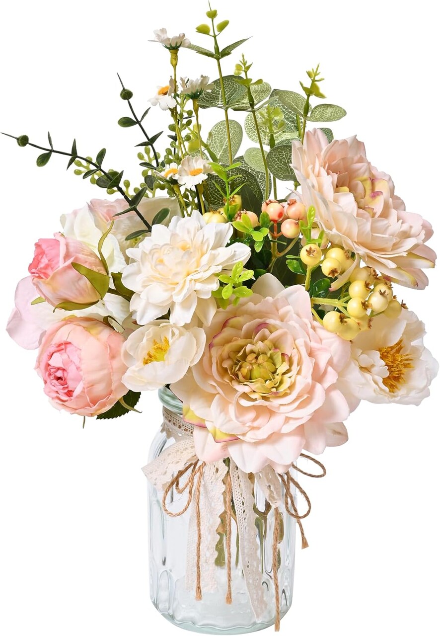 Artificial Hydrangea in Vase for Home Decor, Fake Silk Pink Flower Bouquet Artificial Flowers with Pot, Faux Dahlia Arrangement for Fall Spring Home Living Room Decor, Centerpiece Table Decorations